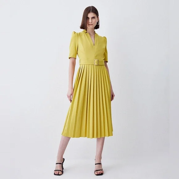 midi plus size spring dresses Shein |Plus Size Elegant V-Neck High Waist Pleated Zip Waist Flared A-Line Midi Dress, Casual Commuter Style For Spring/Summer Outings And Vacations